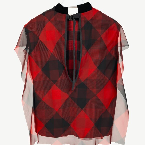 Sacai R/22 Red & Black Buffalo-Plaid Chiffon Blouse - Picture 3 of 10